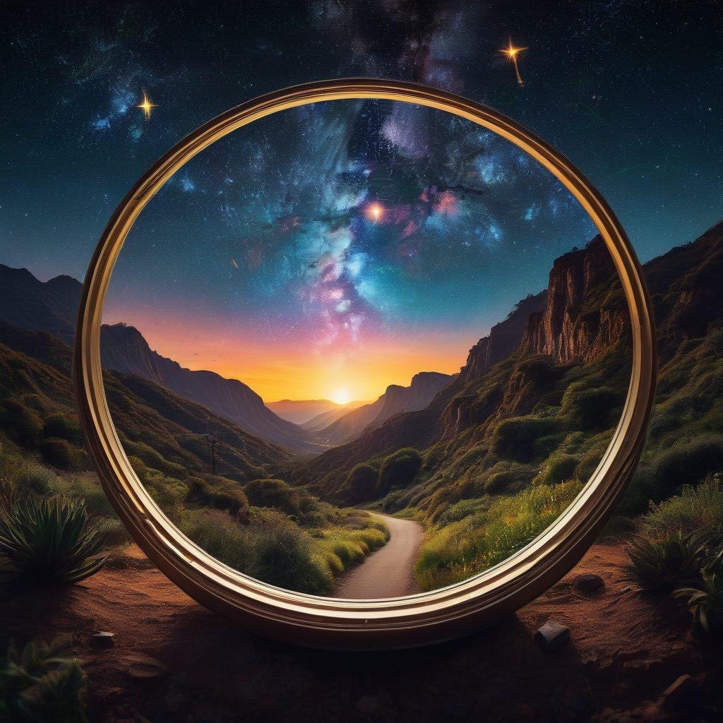 A dynamic collage showcasing a film camera lens in the center, surrounded by iconic elements from blockbuster and indie films like a Hollywood sign, indie film reels, multiple film genres represented as small scenes in a circular formation, and vibrant light flares radiating outwards. The background should feature a starry night sky symbolizing creativity and inspiration. super-realistic. vibrant colors. cinematic style.
