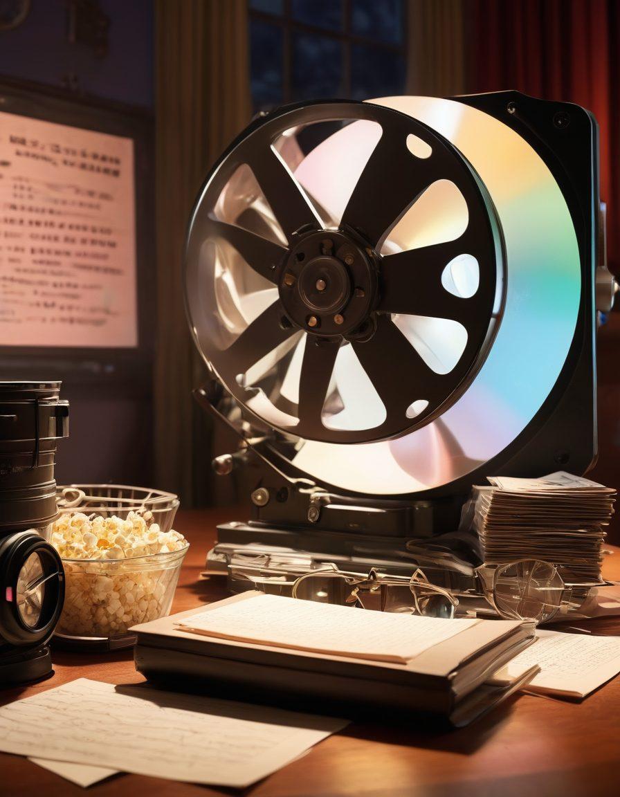 A film reel unraveling into iconic scenes from classic movies, surrounded by a giant vintage projector casting colorful light onto the screen. In the foreground, a notepad with scribbled notes and film critic glasses resting on it. Evocative cinematic elements like a clapperboard and popcorn scattered around. The atmosphere should feel nostalgic and artistic, inviting the viewer into the world of film analysis. super-realistic. vibrant colors. cinematic lighting.