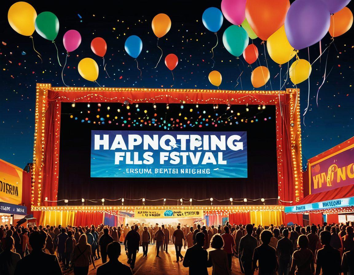 A dynamic movie reel spiraling outward with iconic film scenes and vibrant festival decorations bursting from it. Include silhouettes of diverse filmgoers in the foreground, eagerly watching, while the backdrop showcases a colorful film festival marquee. The atmosphere should resonate with excitement and anticipation. super-realistic. vibrant colors. cinematic theme.